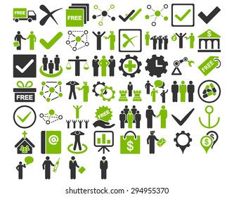 Business Icon Set. These flat bicolor icons use eco green and gray colors. Vector images are isolated on a white background. 