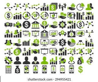 Business Icon Set. These flat bicolor icons use eco green and gray colors. Vector images are isolated on a white background. 