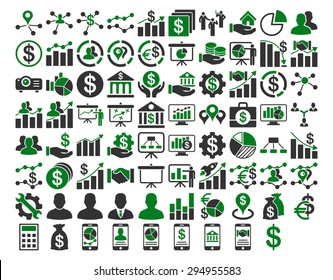 Business Icon Set. These flat bicolor icons use green and gray colors. Vector images are isolated on a white background. 