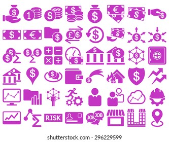 Business Icon Set. These flat icons use violet color. Vector images are isolated on a white background.