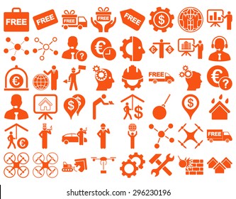 Business Icon Set. These flat icons use orange color. Vector images are isolated on a white background.