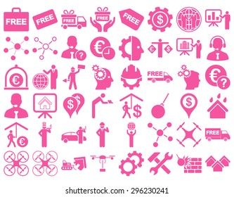 Business Icon Set. These flat icons use pink color. Vector images are isolated on a white background.