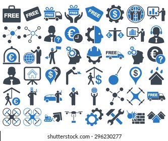 Business Icon Set. These flat bicolor icons use smooth blue colors. Vector images are isolated on a white background.