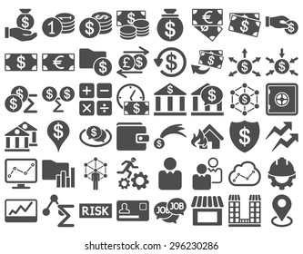 Business Icon Set. These flat icons use gray color. Vector images are isolated on a white background.