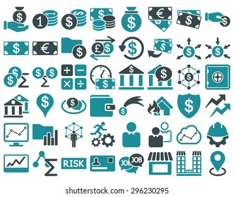 Business Icon Set. These flat bicolor icons use soft blue colors. Vector images are isolated on a white background.