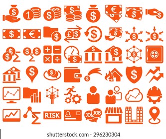 Business Icon Set. These flat icons use orange color. Vector images are isolated on a white background.