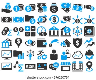 Business Icon Set. These flat bicolor icons use blue and gray colors. Vector images are isolated on a white background.