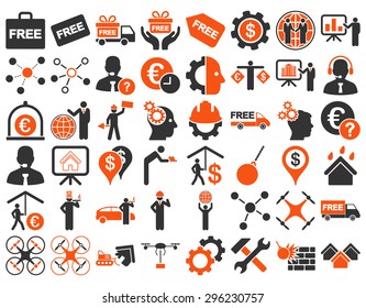 Business Icon Set. These flat bicolor icons use orange and gray colors. Vector images are isolated on a white background.