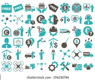 Business Icon Set. These flat bicolor icons use grey and cyan colors. Vector images are isolated on a white background.