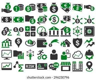 Business Icon Set. These flat bicolor icons use green and gray colors. Vector images are isolated on a white background.