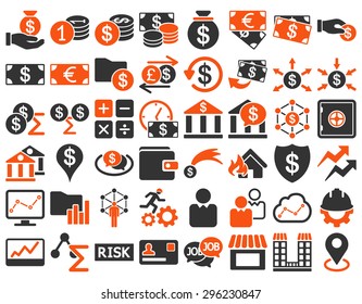 Business Icon Set. These flat bicolor icons use orange and gray colors. Vector images are isolated on a white background.
