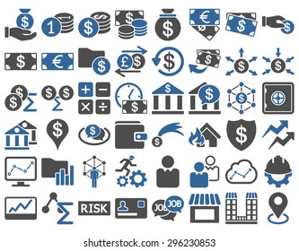 Business Icon Set. These flat bicolor icons use cobalt and gray colors. Vector images are isolated on a white background.