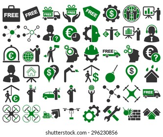 Business Icon Set. These flat bicolor icons use green and gray colors. Vector images are isolated on a white background.
