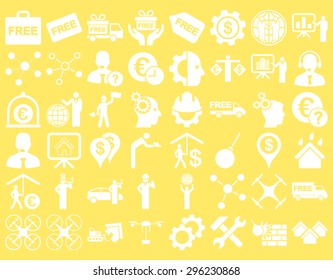 Business Icon Set. These flat icons use white color. Vector images are isolated on a yellow background.