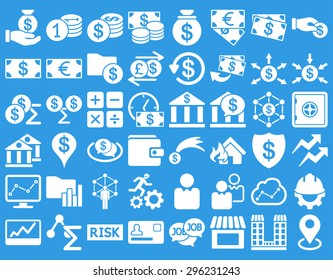 Business Icon Set. These flat icons use white color. Vector images are isolated on a blue background.