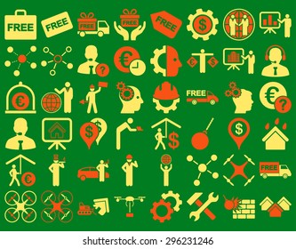 Business Icon Set. These flat bicolor icons use orange and yellow colors. Vector images are isolated on a green background.