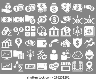 Business Icon Set. These flat icons use white color. Vector images are isolated on a gray background.