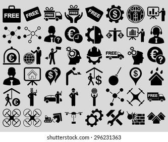 Business Icon Set. These flat icons use black color. Vector images are isolated on a light gray background.