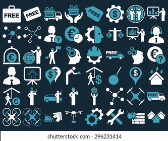 Business Icon Set. These flat bicolor icons use blue and white colors. Vector images are isolated on a dark blue background.