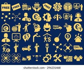 Business Icon Set. These flat icons use yellow color. Vector images are isolated on a blue background.