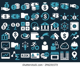 Business Icon Set. These flat bicolor icons use blue and white colors. Vector images are isolated on a dark blue background.