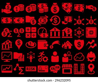 Business Icon Set. These flat icons use red color. Vector images are isolated on a black background.