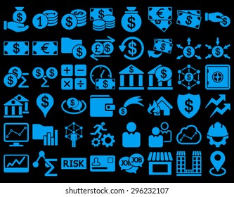 Business Icon Set. These flat icons use blue color. Vector images are isolated on a black background.