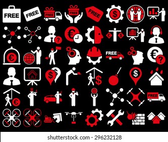 Business Icon Set. These flat bicolor icons use red and white colors. Vector images are isolated on a black background.