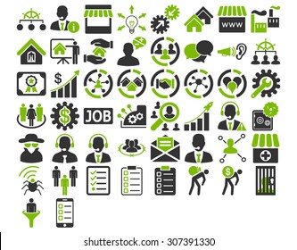 Business Icon Set. These flat bicolor icons use eco green and gray colors. Vector images are isolated on a white background. 