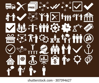 Business Icon Set. These flat icons use white color. Vector images are isolated on a brown background. 