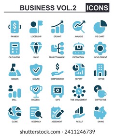 business icon set.duo tone blue style.contains diamonds,project manager,production,develop,success,global.good for application icons.

