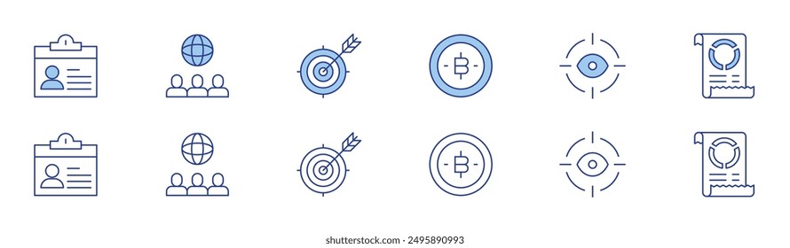 Business icon set in two styles, Duotone and Thin Line style. Editable stroke. global, growth, eye, bill, id card, money.