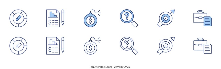 Business icon set in two styles, Duotone and Thin Line style. Editable stroke. goal, income, briefcase, debt, problem solving, pie chart.