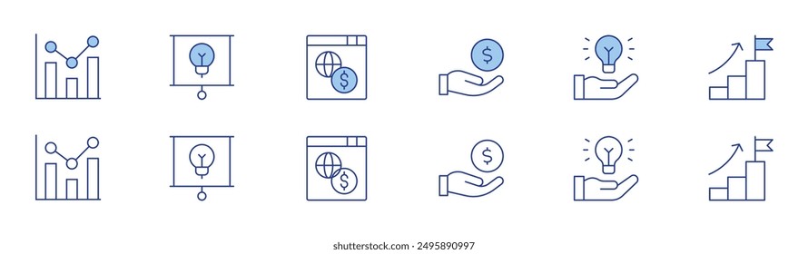 Business icon set in two styles, Duotone and Thin Line style. Editable stroke. earnings, goal, bar chart, online business, hand, presentation.