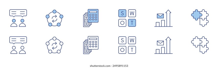 Business icon set in two styles, Duotone and Thin Line style. Editable stroke. swap, stats, calculator, puzzle, consultant, swot analysis.