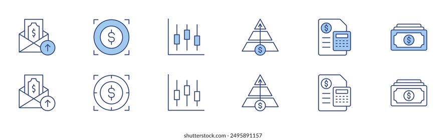 Business icon set in two styles, Duotone and Thin Line style. Editable stroke. stats, salary, pyramid, accounting, target, money.