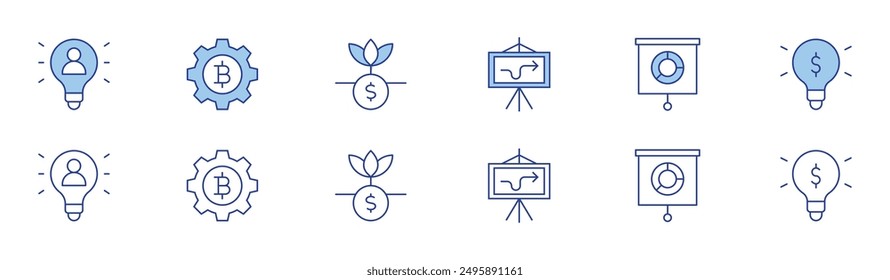 Icono de negocio establecido en dos estilos, Duotono y estilo de línea fina. Trazo editable. Ajuste, retorno, estrategia, usuario, dinero, idea.