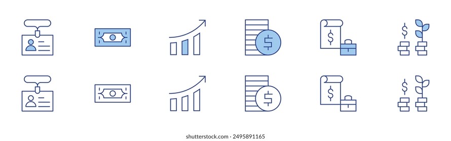 Business icon set in two styles, Duotone and Thin Line style. Editable stroke. report, profit, money, growth graph, id card.