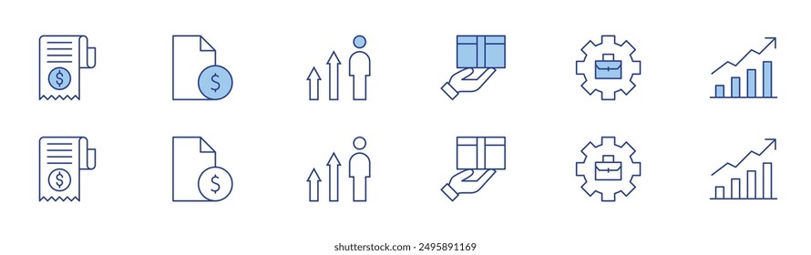 Business icon set in two styles, Duotone and Thin Line style. Editable stroke. promotion, stats, invoice, profit, contract, working.