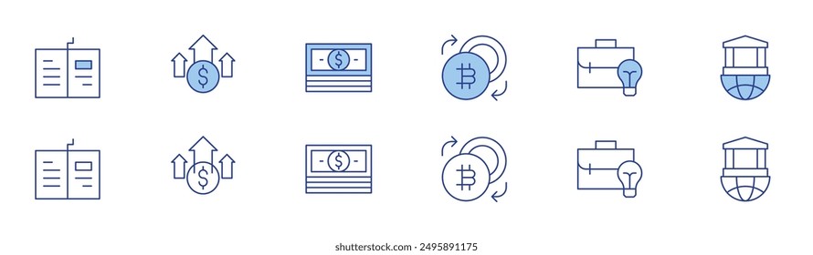 Business icon set in two styles, Duotone and Thin Line style. Editable stroke. profits, business idea, money, bank, open book, exchange.