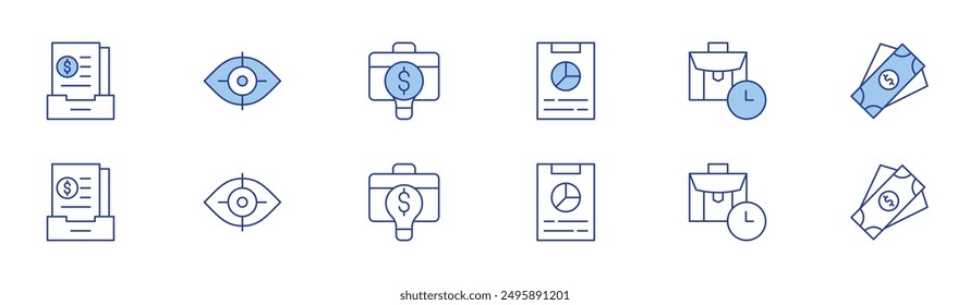 Business icon set in two styles, Duotone and Thin Line style. Editable stroke. money, suitcase, archive, report, business, vision.