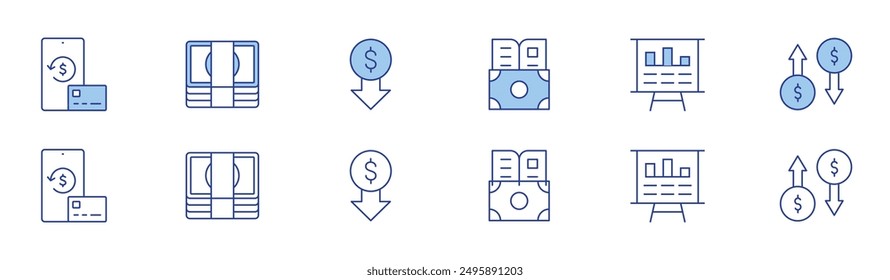 Business icon set in two styles, Duotone and Thin Line style. Editable stroke. money, presentation, low price, profits, subscription, education.