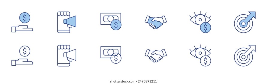 Business icon set in two styles, Duotone and Thin Line style. Editable stroke. money, comfort zone, handshake, revenue, advertisement, currency.