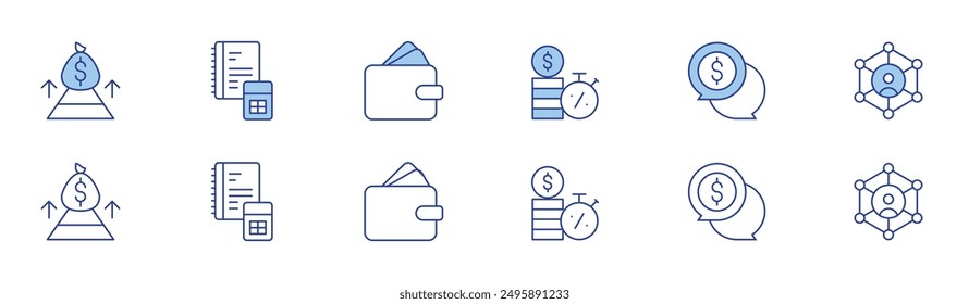 Icono de negocio establecido en dos estilos, Duotono y estilo de línea fina. Trazo editable. Jerarquía, dinero, préstamo, bolsa de dinero, estrategia.