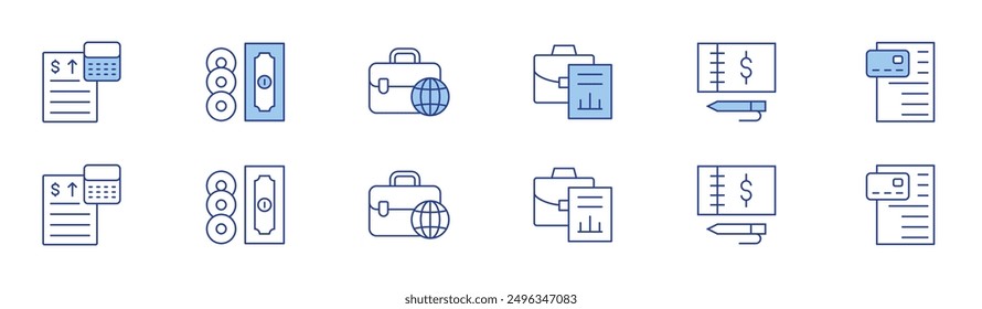 Icono de negocio establecido en dos estilos, Duotone y estilo de línea fina. Trazo editable. chequera, pago, dinero, negocios internacionales, maletín, contabilidad.