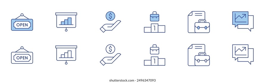 Icono de negocio establecido en dos estilos, Duotone y estilo de línea fina. Carrera, gráficas, pago, signo abierto, Cartera, presentación.