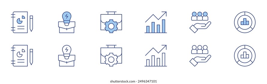 Business icon set in two styles, Duotone and Thin Line style. Editable stroke. business idea, target, work in progress, statistics, business report, trend.