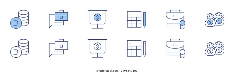 Business icon set in two styles, Duotone and Thin Line style. Editable stroke. briefcase, money bag, job description, analysis, calculator, bitcoin symbol.
