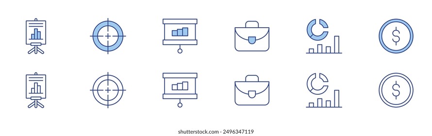 Business icon set in two styles, Duotone and Thin Line style. Editable stroke. analysis, target, money, statistics, briefcase, training.