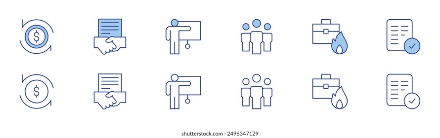 Business icon set in two styles, Duotone and Thin Line style. Editable stroke. accept, presentation, investment, teamwork, contract, work.